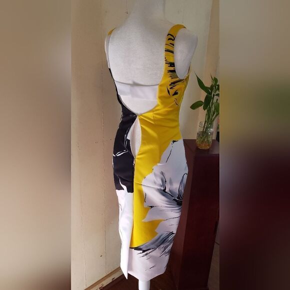 PRABAL GURUNG Yellow Black White Floral Mid-length Fitted Sleeveless Dress - Picture 5 of 10